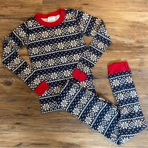 Hanna Andersson Blue White and Red Snowflake Pajamas Long Johns